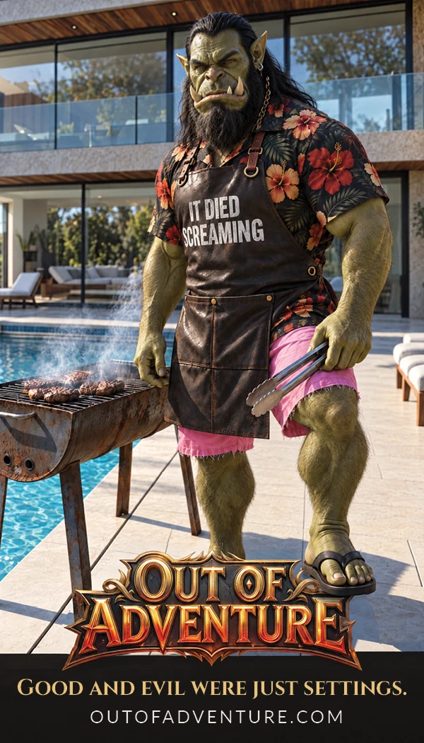 Out of Adventure poster: an orc warlord in a Hawaiian shirt and an apron reading It Died Screaming grills steaks beside a Los Angeles pool.